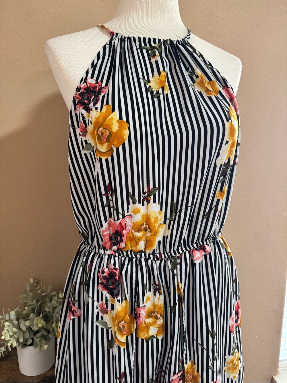 My Michelle Black & White Striped Halter Romper with Yellow & Pink Floral Print